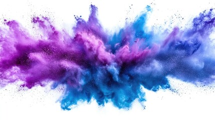  - Vivid purple and blue powder explosion on white background creating dynamic space for text and design elements