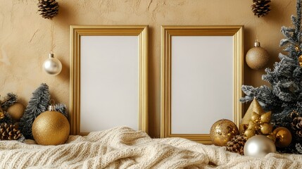 Aufkleber - Elegant Empty Frames Surrounded by Golden Christmas Ornaments on Textured Brown Wall for Holiday Home Decor Display