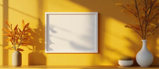 Poster - White Framed A4 Paper Mockup on Yellow Wall with Autumn Decor and Ample Space for Custom Text Display
