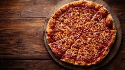 Aufkleber - Savory pizza on wooden board with evenly sliced pieces and ample space for custom text or branding.