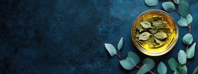 Poster - Dried Eucalyptus Leaves with Aromatic Oil in Glass Cup on Dark Background with Empty Space for Text Advertising Wellness Products
