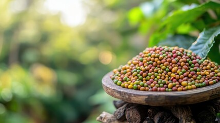Poster - Close-up of colorful Ethiopian coffee cherries arranged in a wooden bowl with a blurred natural background perfect for text overlay.