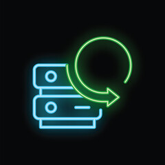 Poster - Neon server updating icon representing data synchronization process, cloud storage and maintenance
