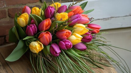 Aufkleber - Colorful tulip bouquet with lush decorative grass arranged elegantly on a rustic wooden surface showcasing spring vibrancy and natural beauty.