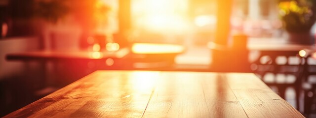 Poster - Close up of a warm sunlight ambiance in a cafe with subtle red abstract background and soft focus ideal for text overlay or decoration