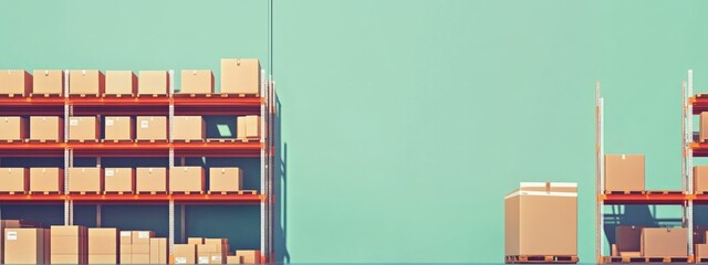 Poster - Warehouse interior featuring shelves stocked with cardboard boxes and a spacious area for customizable text or branding.
