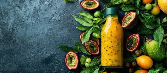 Aufkleber - Fresh passion fruit juice in a bottle among ripe fruits and green leaves embodying nature's bounty with blank space for text and design use