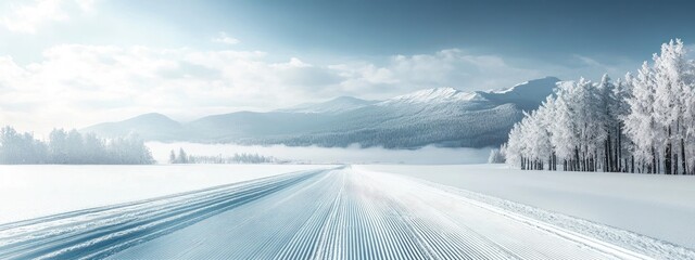 Poster - Stunning winter landscape featuring snow-covered mountains and a ski track with expansive space for text and dramatic cloud formations.