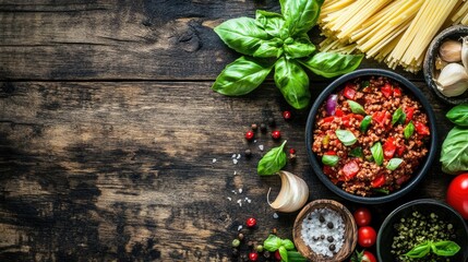 Poster - Delicious bolognese pasta with minced pork fresh basil tomatoes garlic and spices on rustic wooden table setting