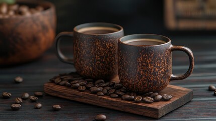Poster - Two rustic coffee cups surrounded by roasted beans on a dark wooden surface emphasizing morning beverage and breakfast themes