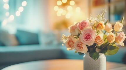 Aufkleber - Cozy interior scene featuring a vibrant bouquet of roses with a softly blurred background creating a warm atmosphere
