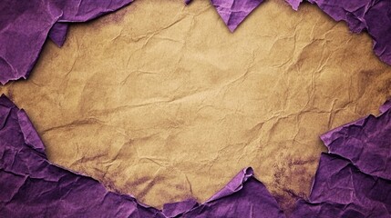 Poster - Vintage Earth Toned Textured Paper with Torn Edges and Purple Background Ideal for Artistic Displays and Text Insertion
