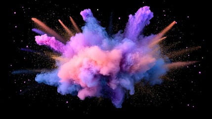 Poster - Colorful Smoke Explosion in Pink Purple Blue Gold and Cream with Blank Space for Text on a Black Background