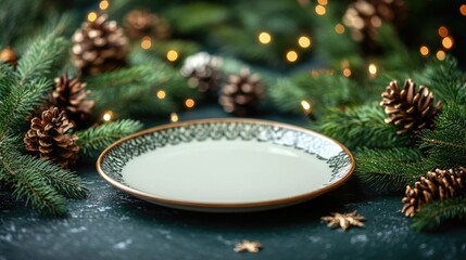 Aufkleber - Elegant Christmas Plate Mockup Surrounded by Evergreen Foliage with Pinecones and Soft Fairy Lights on a Green Background