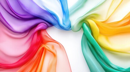 Poster - Vibrant multicolored silk fabric creating elegant swirls on a white background with ample space for text and design elements