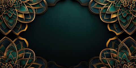 Poster - Elegant geometric green and gold mandala on dark background with intricate designs creating a serene space for personalized text and art.