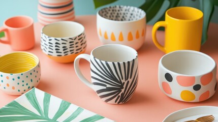 Poster - Colorful ceramic dishware collection featuring diverse patterns on a pastel background ideal for lifestyle and home decor themes