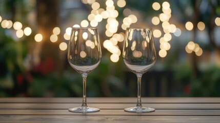 Poster - Elegant empty wine glasses on rustic wooden table with artistic bokeh background creating a warm and inviting restaurant atmosphere.