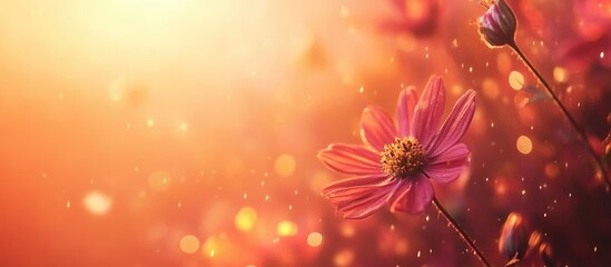 Leinwandbilder - Blurry cosmos flowers illuminated by a warm sunset creating a dreamy atmosphere with ample copy space for text or branding