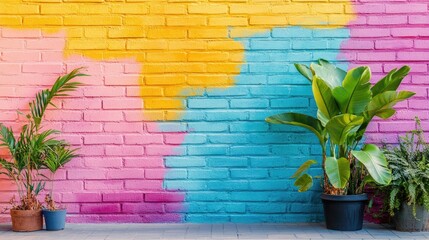 Aufkleber - Vibrant Multicolored Brick Wall with Potted Plants and Space for Text in Artistic Studio Environment