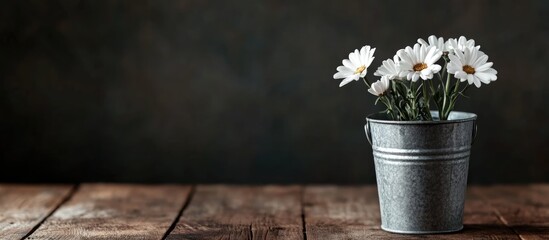 Poster - White daisies in a metal bucket on a rustic wooden table with ample empty space for text or design elements in a dark setting