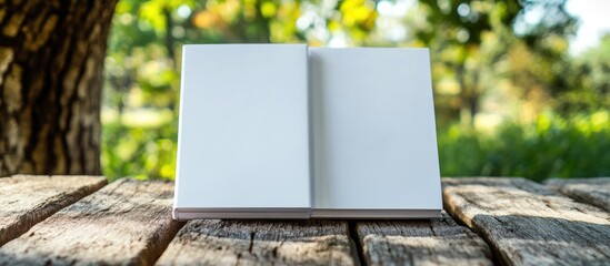 Poster - White notebooks on wooden table under a tree with natural background and blank space for text or design elements