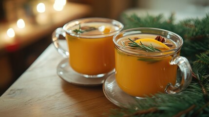 Poster - Warm mugs of spiced citrus mulled wine garnished with rosemary on a wooden table for a cozy festive atmosphere