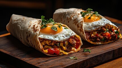 Poster - Gourmet Burritos Artfully Wrapped with Fried Eggs and Fresh Ingredients on a Wooden Platter