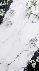 Poster - Delicate white flowers on marble background creating a natural elegant and minimalist design