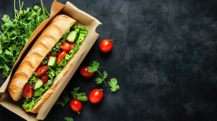 Leinwandbilder - Fresh vegetable sandwich in paper lunch container on dark background with tomatoes and herbs providing copy space for text or branding.