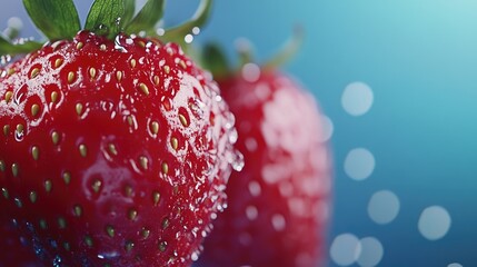 Leinwandbilder - Close up of fresh strawberries glistening with water droplets against a soft bokeh background ideal for food and health related content