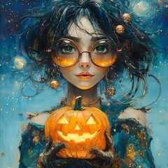 Poster - Wildhaired witch with huge round glasses holding a bright JackO'Lantern Her robe is tattered and covered in sparkling accessories set against a starry blue night sky creating a humorous scene