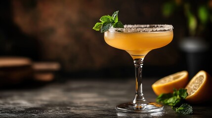 Aufkleber - Traditional Mexican Margarita served in a glass with fresh mint and lemon slices on a rustic background with space for text or graphics