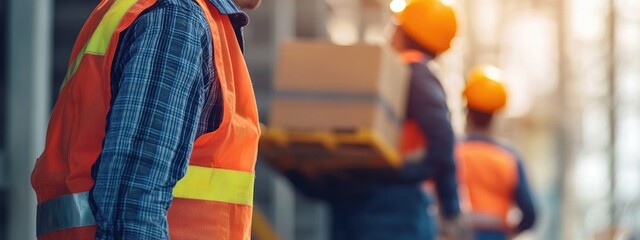 Poster - Warehouse Workers in Safety Vests Managing Inventory with Empty Space for Custom Text in Modern Warehouse Environment