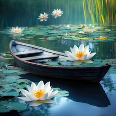Poster - Serene Lake Scene with Boat Surrounded by Water Lilies Tranquil Nature Background Ideal for Text Overlay and Promotions