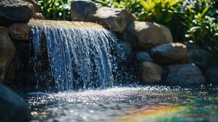 Poster - Serene waterfall cascading into a colorful pool surrounded by lush greenery with ample space for text overlay.
