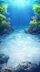 Wall Mural - Underwater scene with vibrant coral reefs, clear water, and sunlight