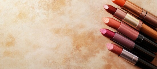 Poster - Stylish organic metallic lipstick tubes arranged on a neutral background with ample empty space for text or branding purposes
