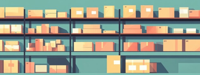 Poster - Warehouse Shelves Filled with Cardboard Boxes for Inventory Management and Logistics with Text Space for Announcements or Branding