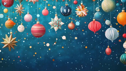 Aufkleber - Colorful Christmas Ornaments Hanging Against a Deep Blue Background with Festive Decorations and Glittering Snowflakes