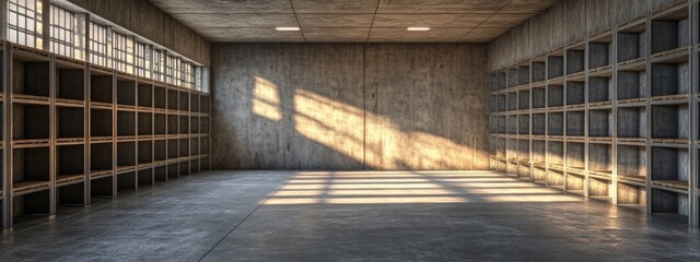 Poster - Warehouse Interior Featuring Cargo Shelving and Expansive Empty Space for Text and Design Elements