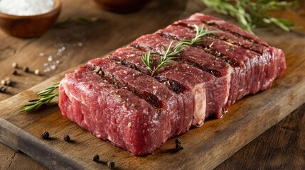 Wall Mural - Freshly Cut Grass-Fed Beef Tenderloin on Wooden Board with Herbs and Spices