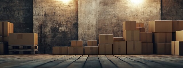 Poster - Warehouse interior featuring stacked packaged goods on wooden floor with textured walls and ample empty space for text or branding