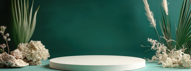 Poster - White round podium surrounded by natural elements and beach tones on a green backdrop with ample empty space for customizable text.