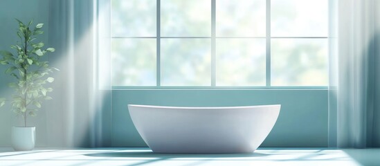 Wall Mural - Minimalist bathroom interior with a white bathtub and window natural light creating a serene atmosphere and ample copyspace for text