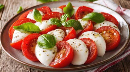 Poster - Fresh caprese salad with ripe cherry tomatoes, creamy mozzarella, and fragrant basil served on a rustic wooden table