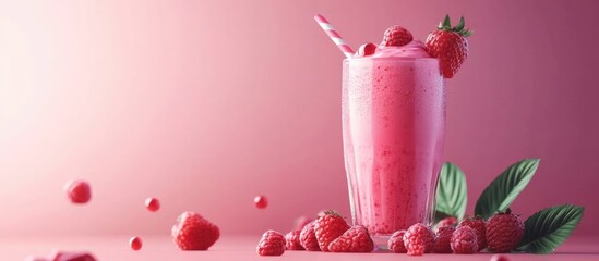 Poster - Refreshing Raspberry Strawberry Milkshake in Pink Tones Summer Beverage with Raspberries and Strawberries Ideal for Healthy Enjoyment