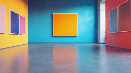 Poster - Vibrant Abstract Art in Modern Gallery with Colorful Walls and Empty Space for Text Display