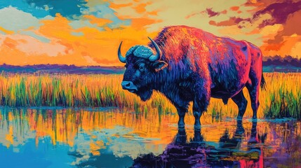 Poster - Vibrant buffalo standing in serene waters at sunset showcasing harmony between wildlife and natural landscapes.