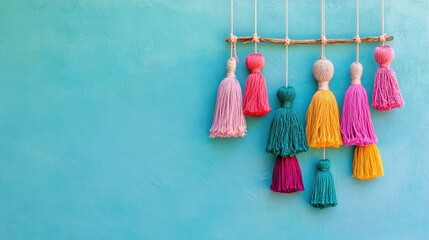 Poster - Bohemian Tassel Wall Hanging in Vibrant Colors with Empty Text Space Ideal for Home Decor or Creative Projects